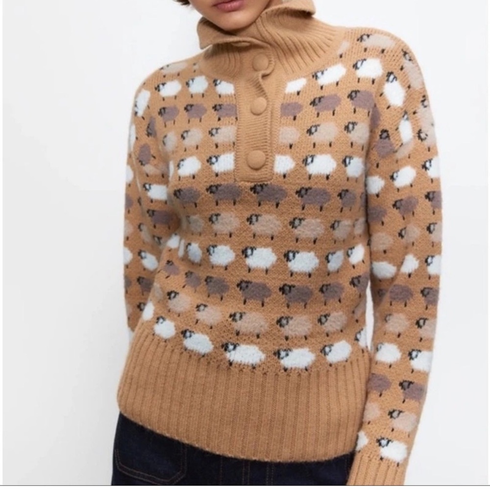 Zara Tan Sheep Pattern Sweater